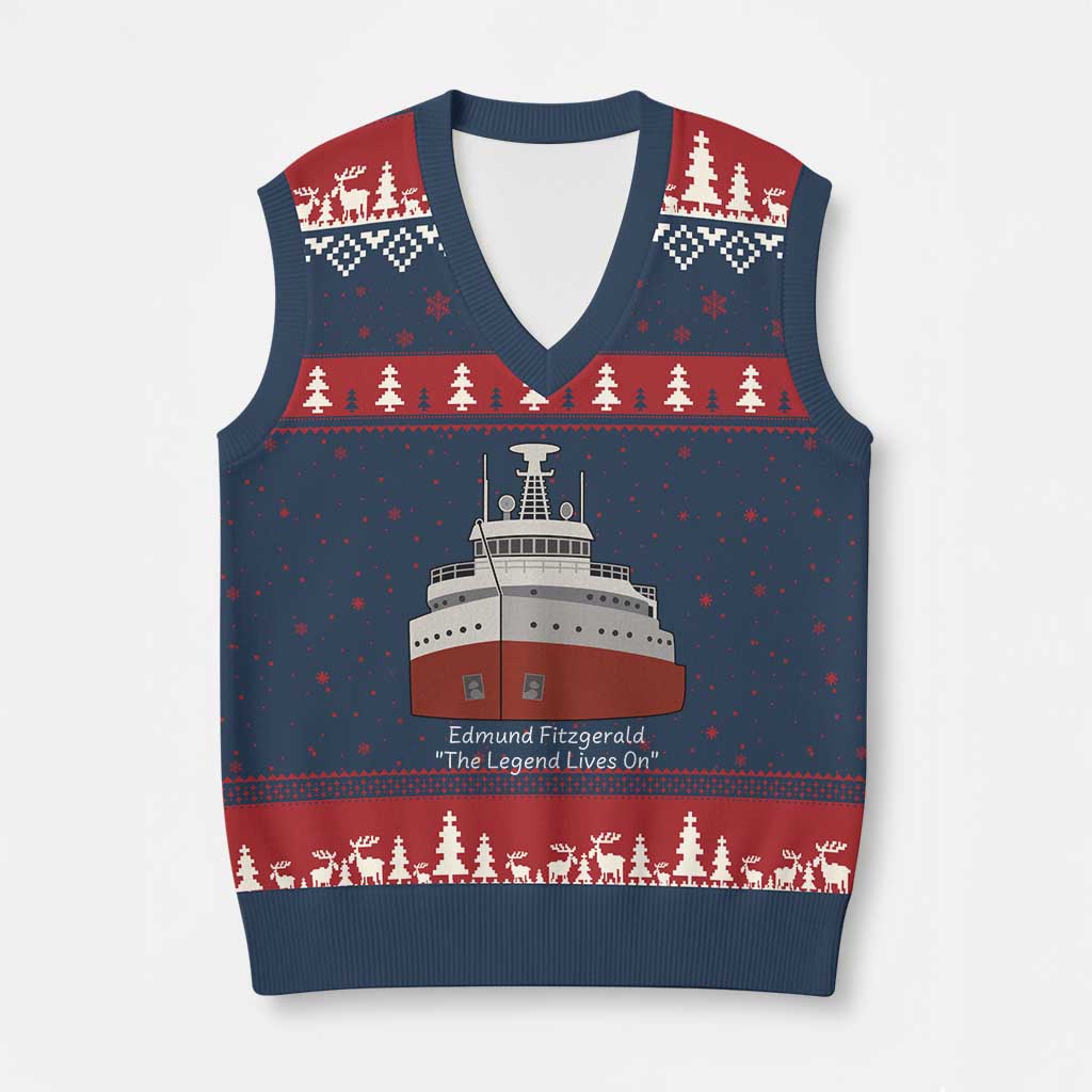 Edmund Fitzgerald Tribute V-Neck Knit Sweater Vest The Legend Lives On Great Lakes Freighter Memorial TS02 Navy Red Print Your Wear