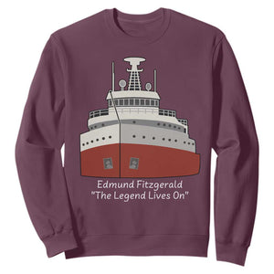 Edmund Fitzgerald Tribute Sweatshirt The Legend Lives On Great Lakes Freighter Memorial TS02 Maroon Print Your Wear
