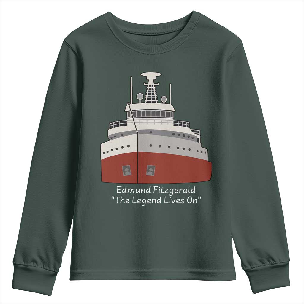 Edmund Fitzgerald Tribute Youth Sweatshirt The Legend Lives On Great Lakes Freighter Memorial TS02 Dark Forest Green Print Your Wear