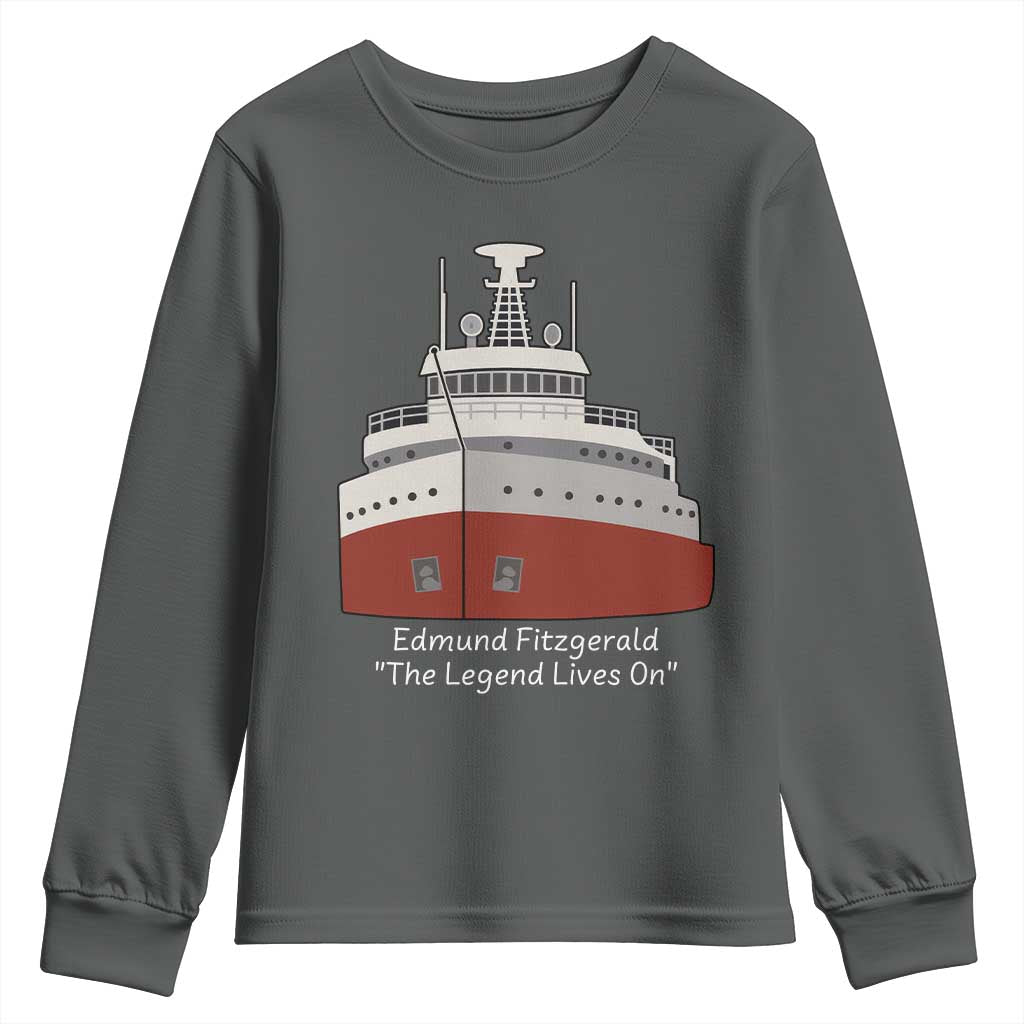 Edmund Fitzgerald Tribute Youth Sweatshirt The Legend Lives On Great Lakes Freighter Memorial TS02 Dark Heather Print Your Wear