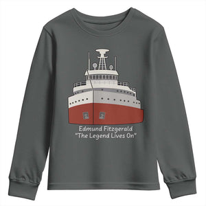 Edmund Fitzgerald Tribute Youth Sweatshirt The Legend Lives On Great Lakes Freighter Memorial TS02 Dark Heather Print Your Wear