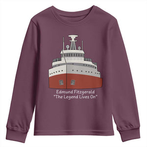 Edmund Fitzgerald Tribute Youth Sweatshirt The Legend Lives On Great Lakes Freighter Memorial TS02 Maroon Print Your Wear