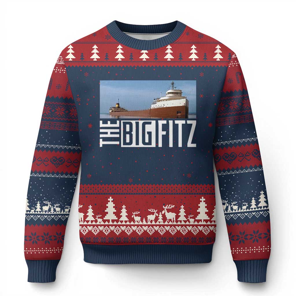The Big Fitz Tribute Ugly Christmas Sweater SS Edmund Fitzgerald Freighter Design for Great Lakes History TS02 Navy Red Print Your Wear