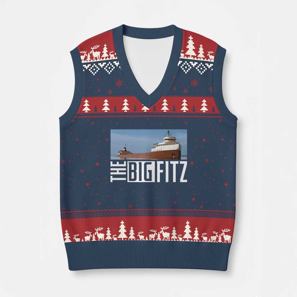The Big Fitz Tribute V-Neck Knit Sweater Vest SS Edmund Fitzgerald Freighter Design for Great Lakes History TS02 Navy Red Print Your Wear