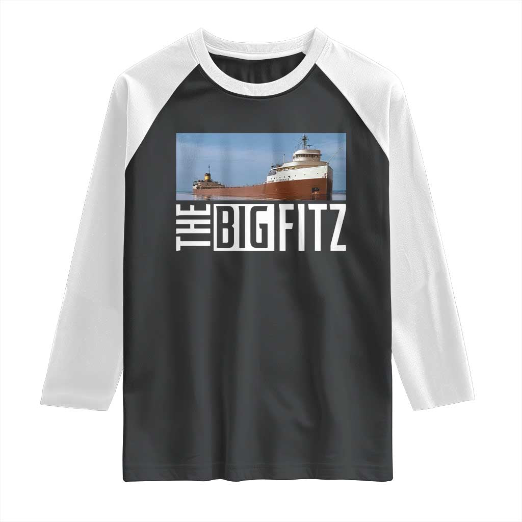 The Big Fitz Tribute Raglan Shirt SS Edmund Fitzgerald Freighter Design for Great Lakes History TS02 Black White Print Your Wear