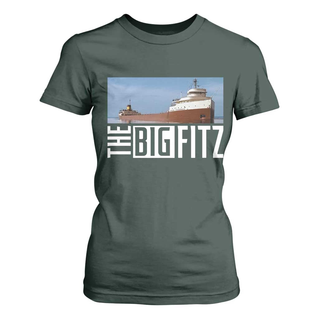 The Big Fitz Tribute T Shirt For Women SS Edmund Fitzgerald Freighter Design for Great Lakes History TS02 Dark Forest Green Print Your Wear