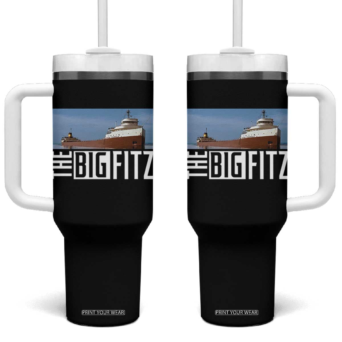 The Big Fitz Tribute Tumbler With Handle SS Edmund Fitzgerald Freighter Design for Great Lakes History TS02 One Size: 40 oz Black Print Your Wear