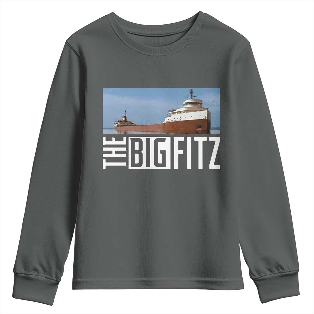 The Big Fitz Tribute Youth Sweatshirt SS Edmund Fitzgerald Freighter Design for Great Lakes History TS02 Dark Heather Print Your Wear