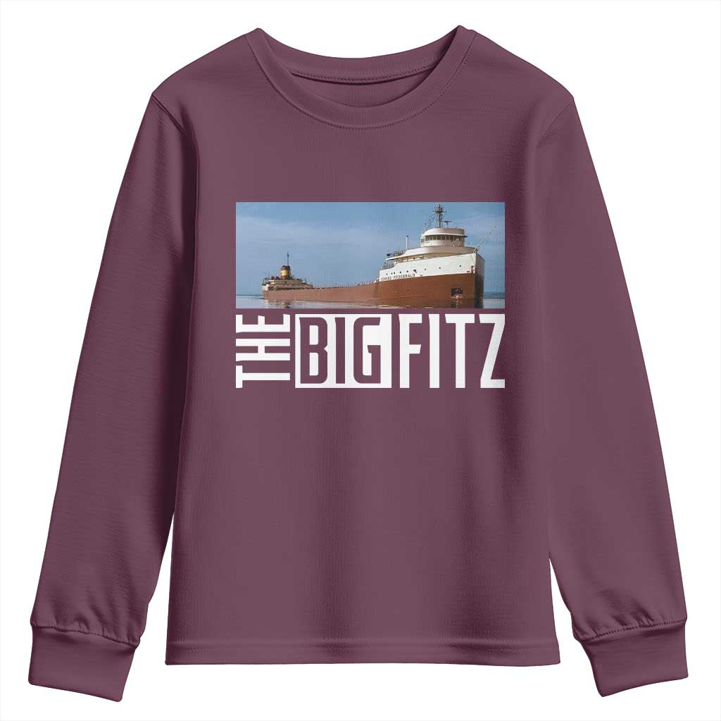 The Big Fitz Tribute Youth Sweatshirt SS Edmund Fitzgerald Freighter Design for Great Lakes History TS02 Maroon Print Your Wear