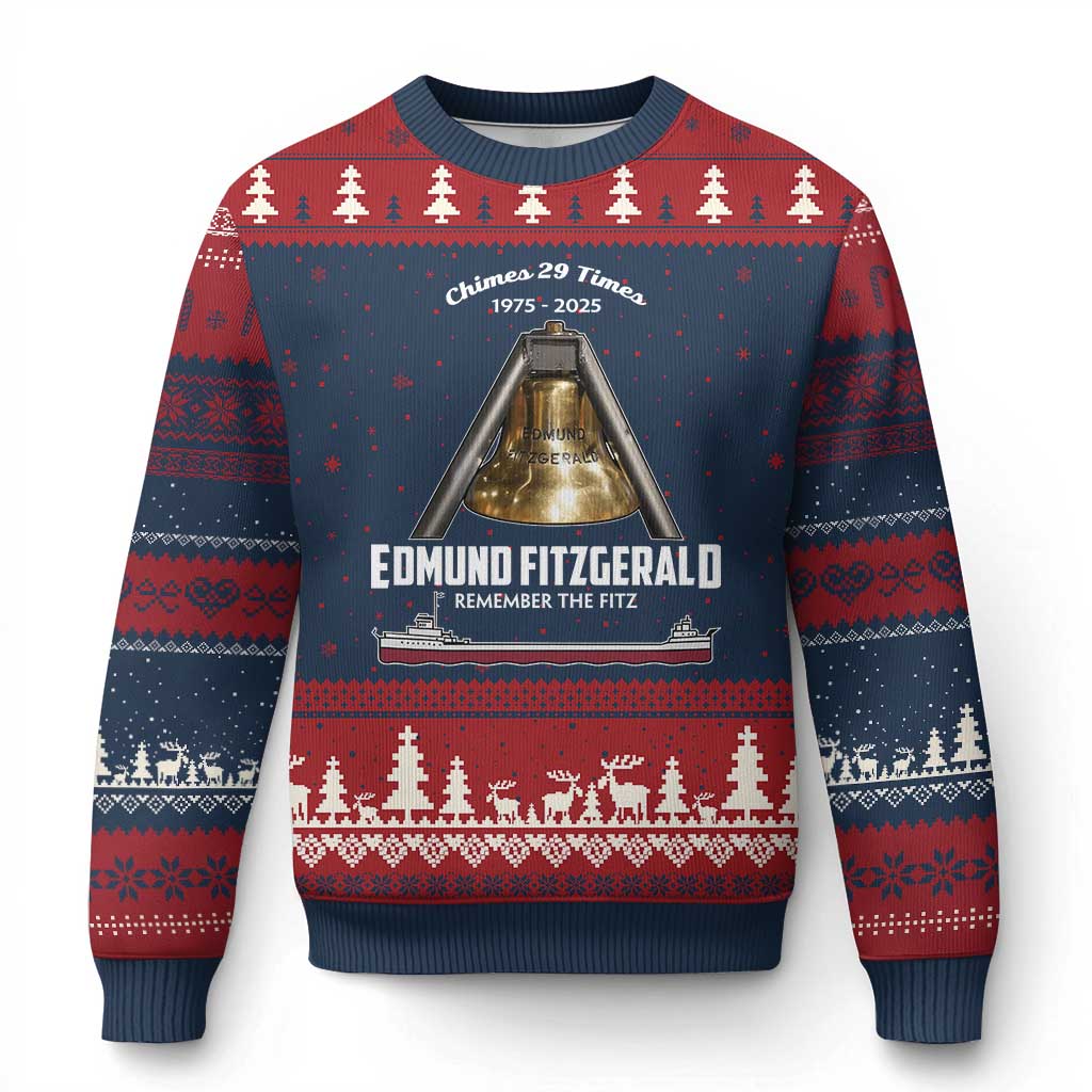 Edmund Fitzgerald 50th Anniversary Tribute Ugly Christmas Sweater Chimes 29 Times 1975 2025 Memorial TS02 Navy Red Print Your Wear