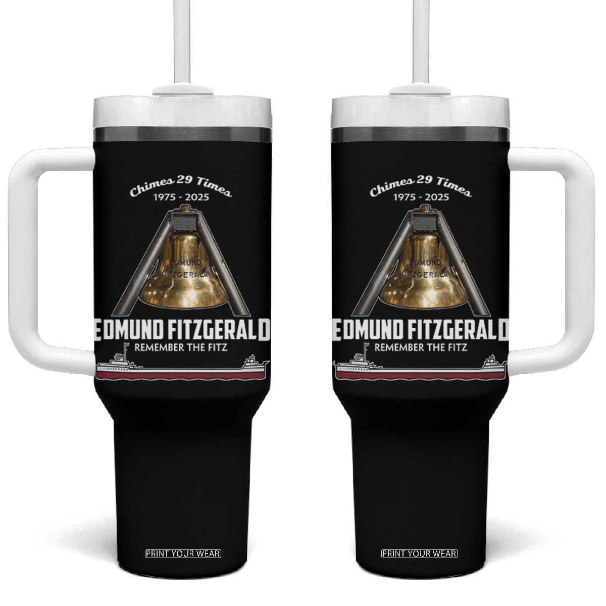 Edmund Fitzgerald 50th Anniversary Tribute Tumbler With Handle Chimes 29 Times 1975 2025 Memorial TS02 One Size: 40 oz Black Print Your Wear