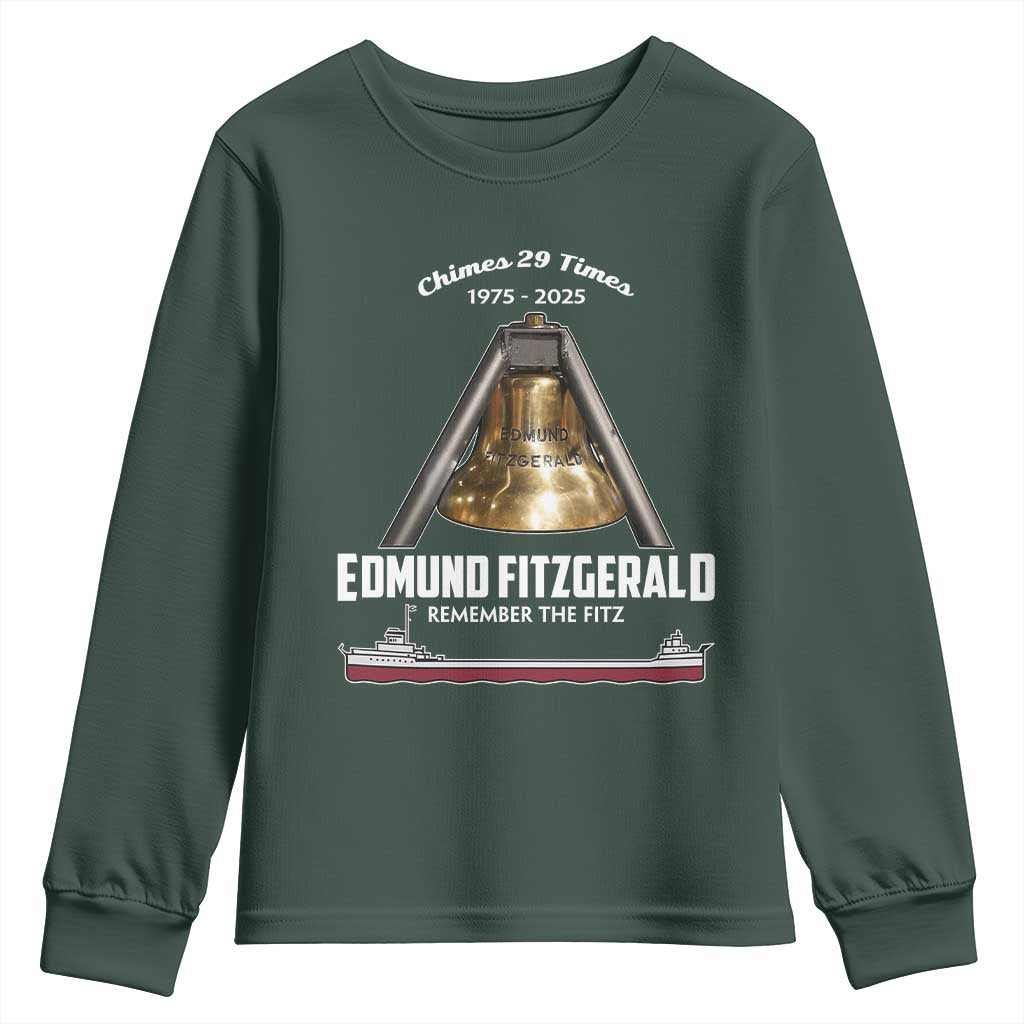 Edmund Fitzgerald 50th Anniversary Tribute Youth Sweatshirt Chimes 29 Times 1975 2025 Memorial TS02 Dark Forest Green Print Your Wear