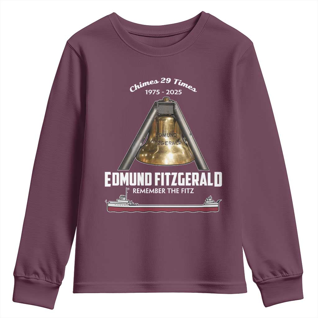Edmund Fitzgerald 50th Anniversary Tribute Youth Sweatshirt Chimes 29 Times 1975 2025 Memorial TS02 Maroon Print Your Wear