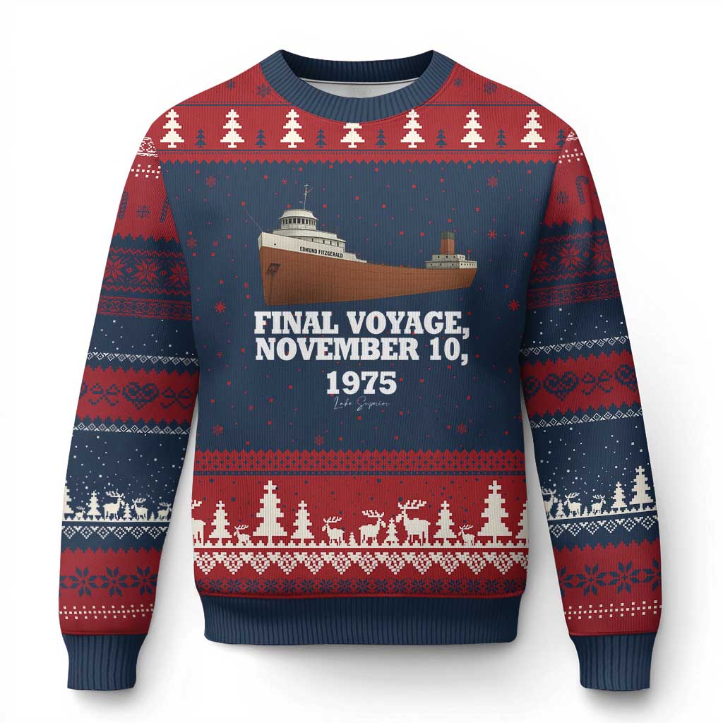 SS Edmund Fitzgerald Final Voyage Tribute Ugly Christmas Sweater November 10 1975 Lake Superior Memorial TS02 Navy Red Print Your Wear