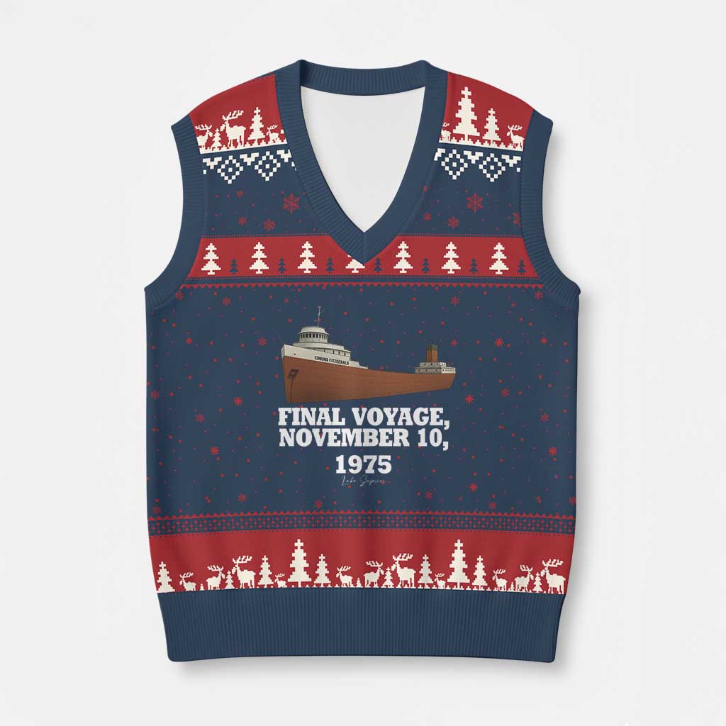 SS Edmund Fitzgerald Final Voyage Tribute V-Neck Knit Sweater Vest November 10 1975 Lake Superior Memorial TS02 Navy Red Print Your Wear