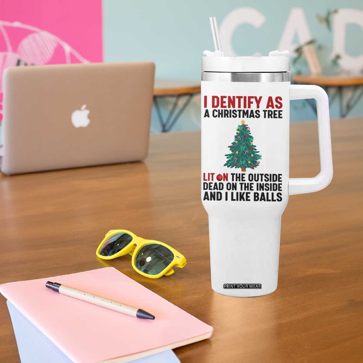 I Identify as a Christmas Tree Tumbler With Handle Funny Lit and Dead Inside Holiday Humor TS02 Print Your Wear