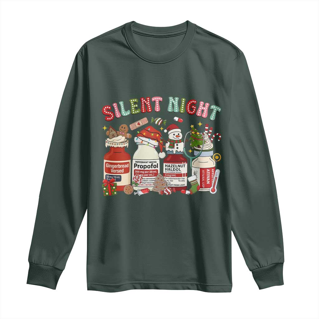 Funny Silent Night Nurse Christmas Long Sleeve Shirt Festive Meds and Holiday Medical Humor TS02 Dark Forest Green Print Your Wear