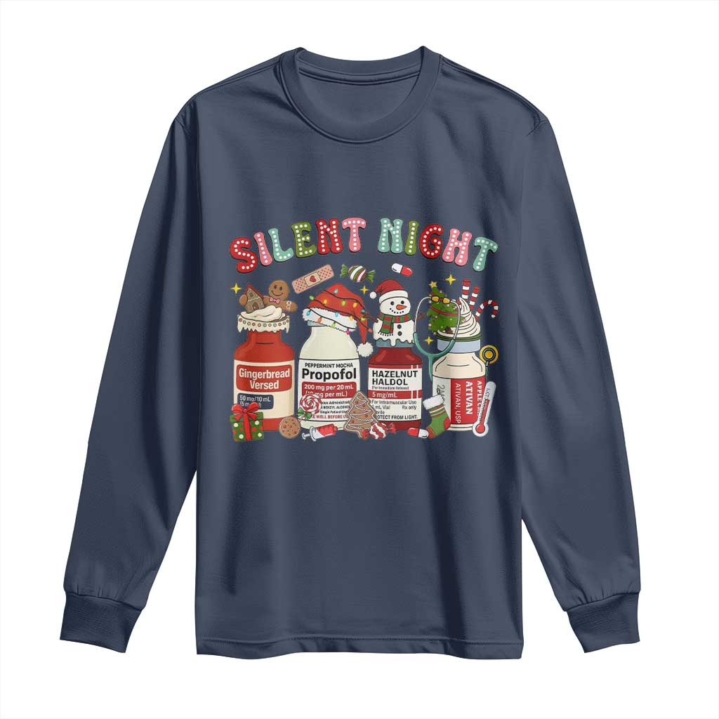Funny Silent Night Nurse Christmas Long Sleeve Shirt Festive Meds and Holiday Medical Humor TS02 Navy Print Your Wear