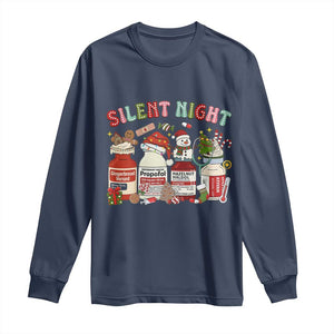 Funny Silent Night Nurse Christmas Long Sleeve Shirt Festive Meds and Holiday Medical Humor TS02 Navy Print Your Wear