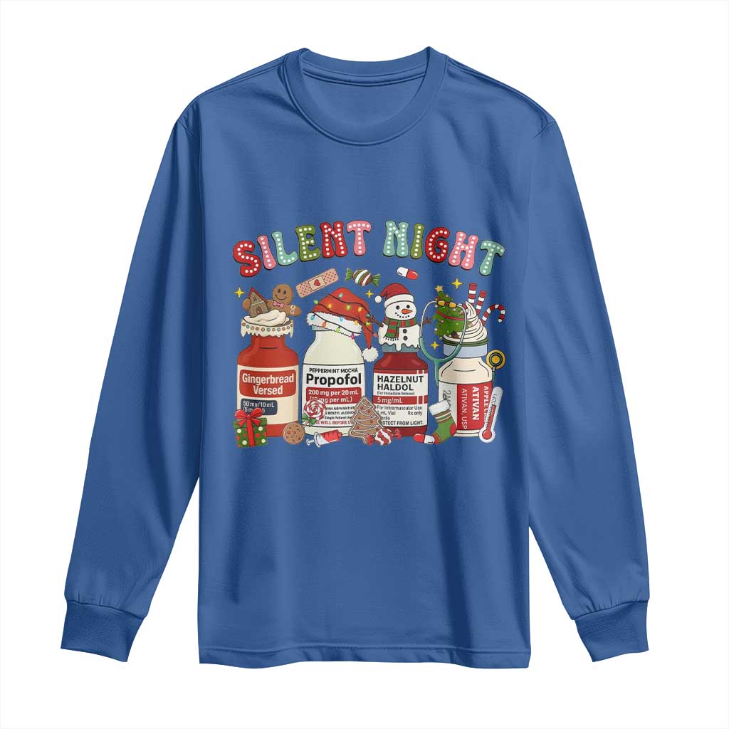 Funny Silent Night Nurse Christmas Long Sleeve Shirt Festive Meds and Holiday Medical Humor TS02 Royal Blue Print Your Wear