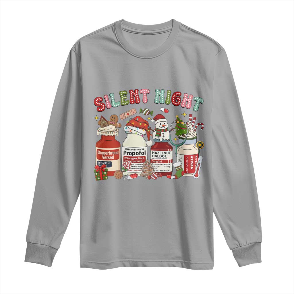 Funny Silent Night Nurse Christmas Long Sleeve Shirt Festive Meds and Holiday Medical Humor TS02 Sport Gray Print Your Wear