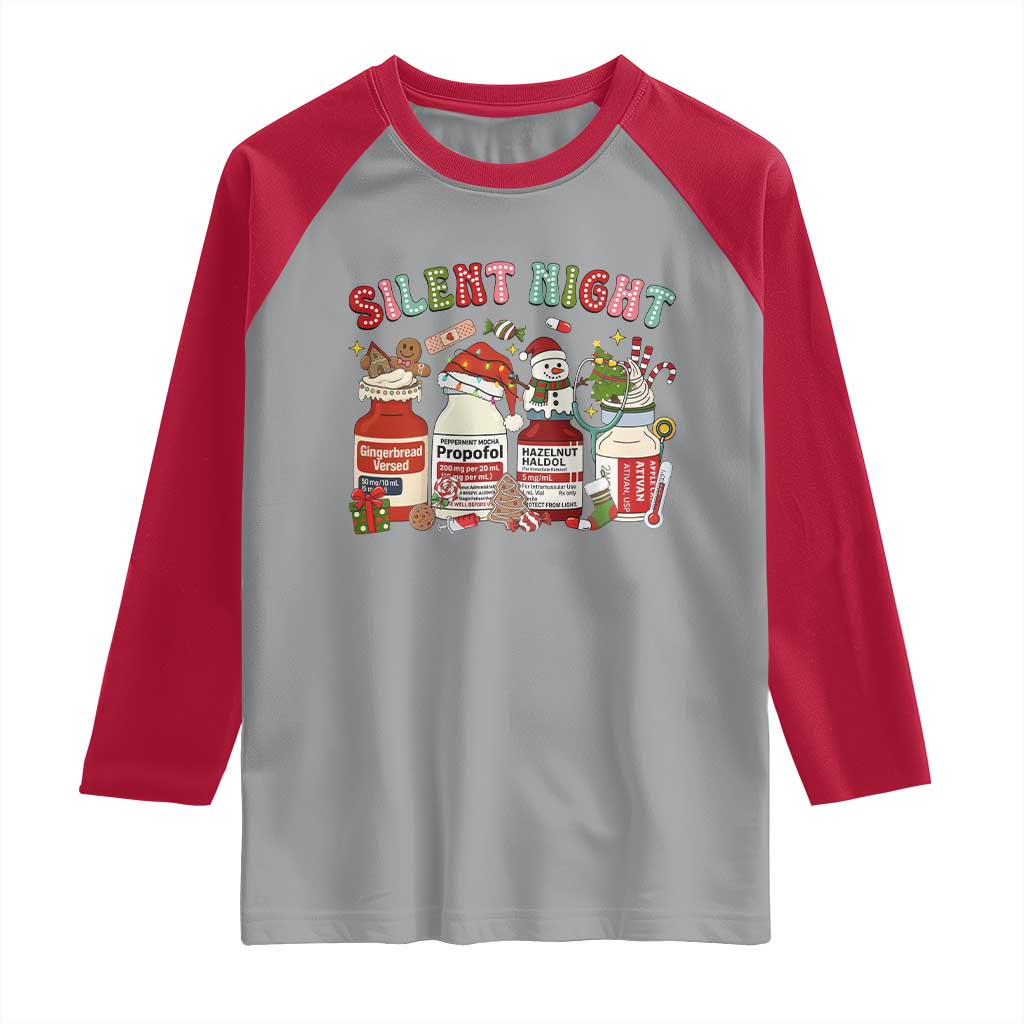 Funny Silent Night Nurse Christmas Raglan Shirt Festive Meds and Holiday Medical Humor TS02 Sport Gray Red Print Your Wear