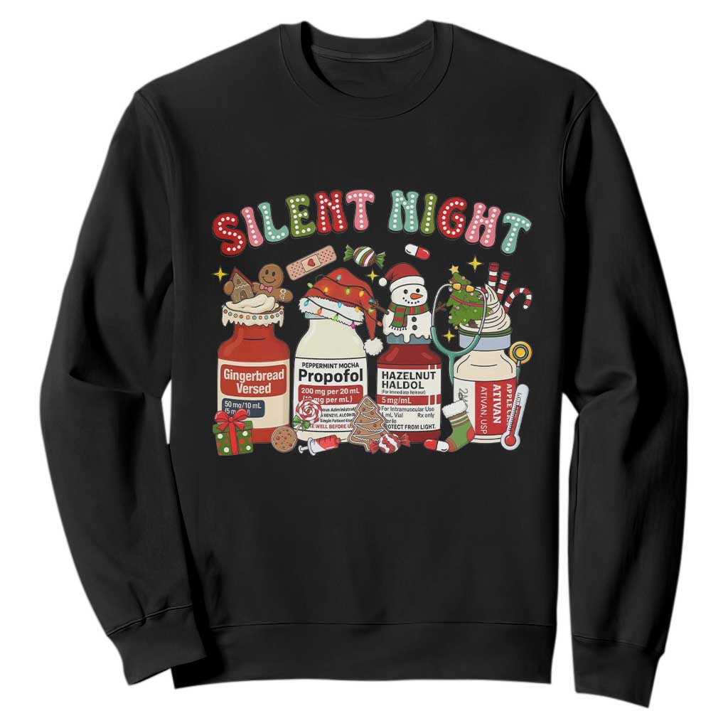 Funny Silent Night Nurse Christmas Sweatshirt Festive Meds and Holiday Medical Humor TS02 Black Print Your Wear