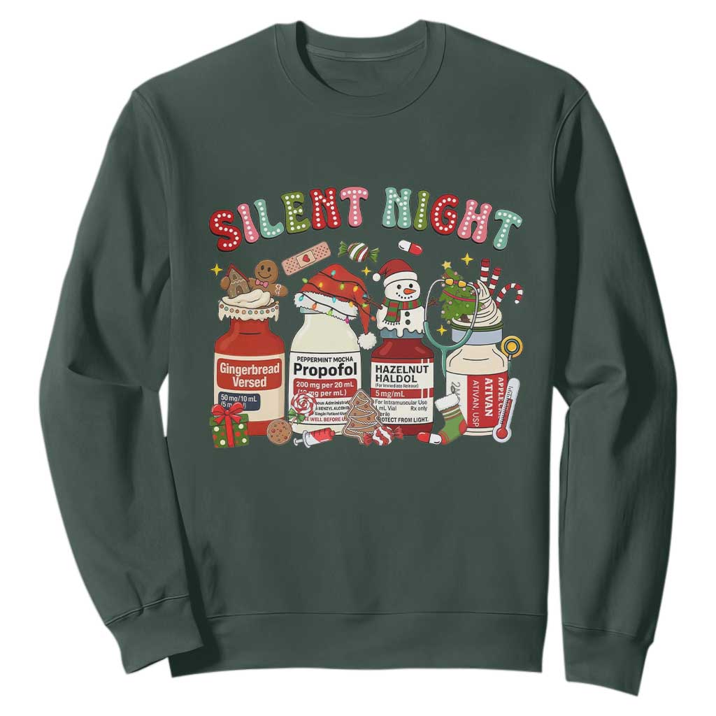 Funny Silent Night Nurse Christmas Sweatshirt Festive Meds and Holiday Medical Humor TS02 Dark Forest Green Print Your Wear