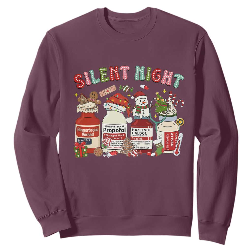 Funny Silent Night Nurse Christmas Sweatshirt Festive Meds and Holiday Medical Humor TS02 Maroon Print Your Wear