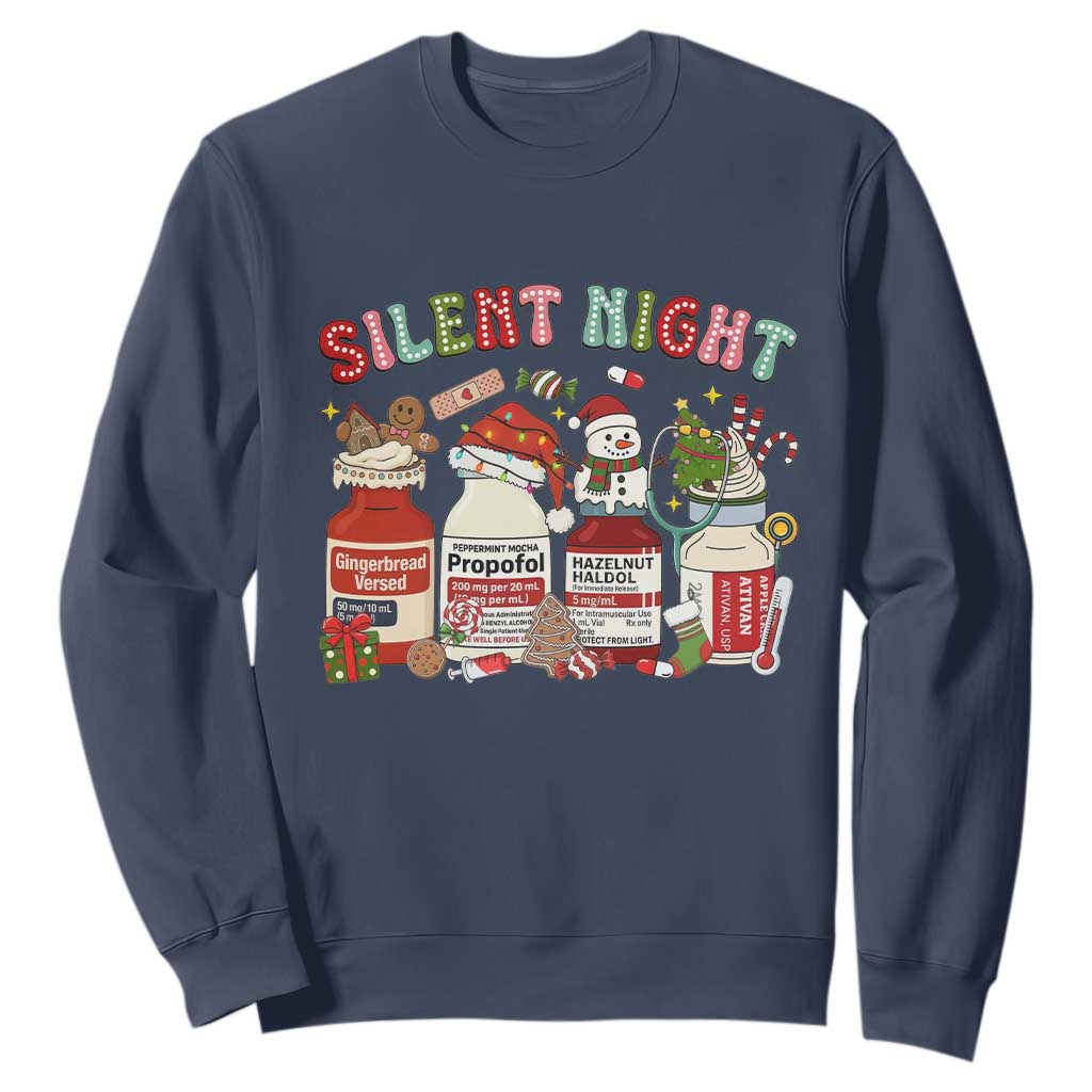 Funny Silent Night Nurse Christmas Sweatshirt Festive Meds and Holiday Medical Humor TS02 Navy Print Your Wear
