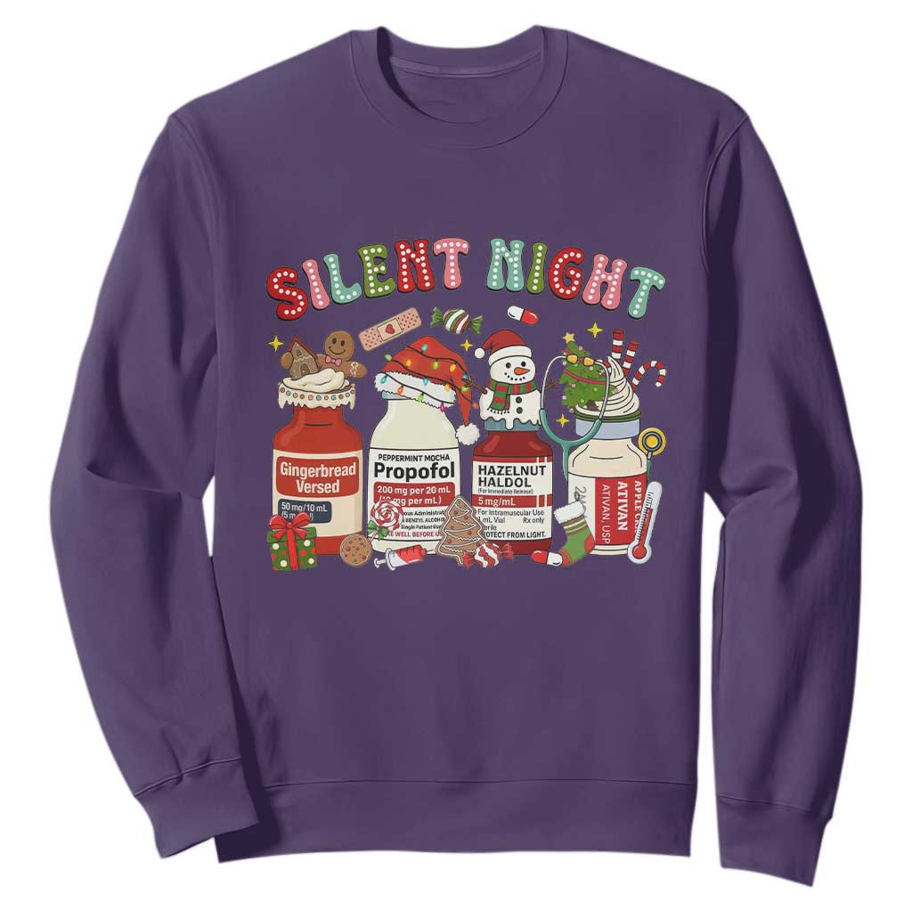 Funny Silent Night Nurse Christmas Sweatshirt Festive Meds and Holiday Medical Humor TS02 Purple Print Your Wear