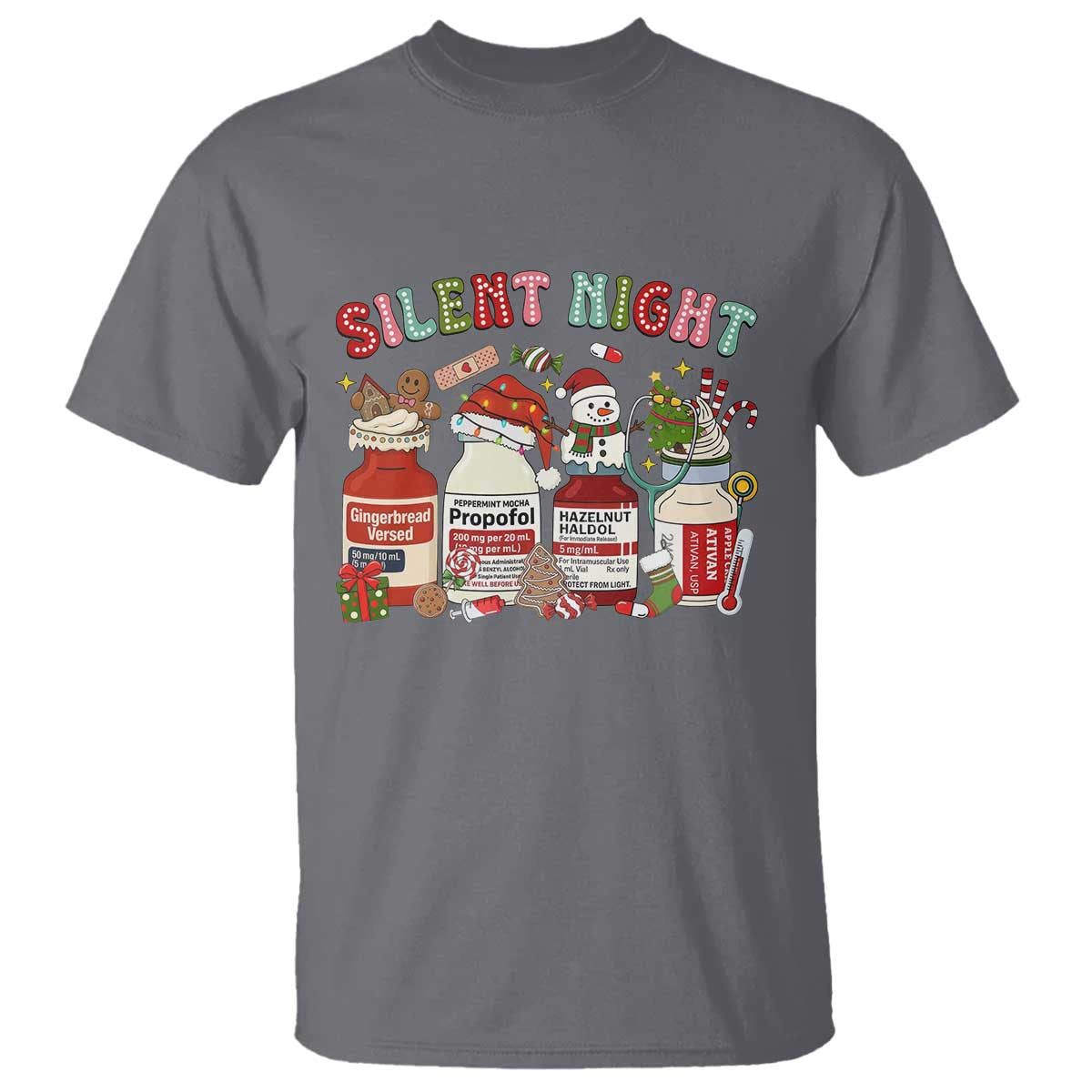 Funny Silent Night Nurse Christmas T Shirt Festive Meds and Holiday Medical Humor TS02 Charcoal Print Your Wear