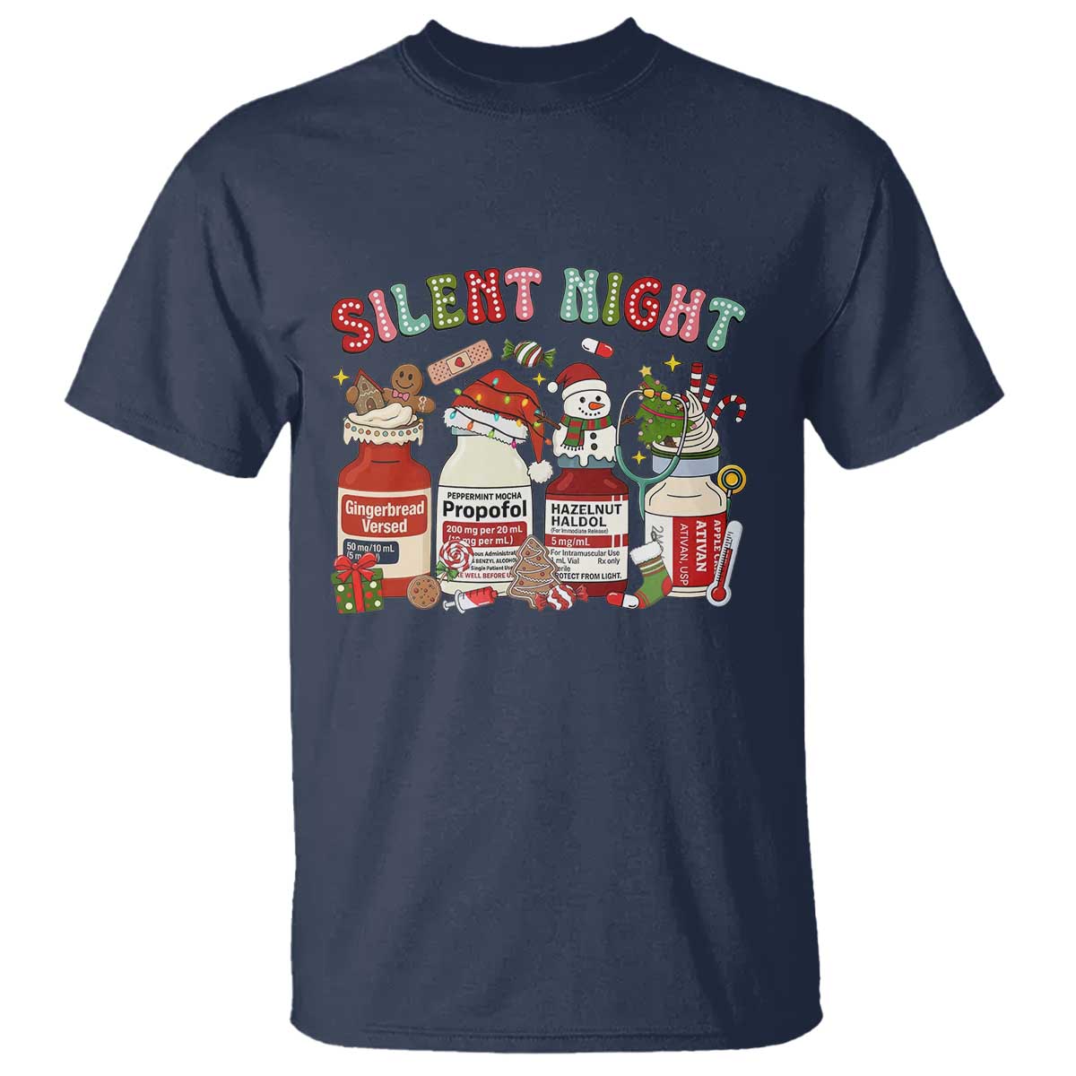 Funny Silent Night Nurse Christmas T Shirt Festive Meds and Holiday Medical Humor TS02 Navy Print Your Wear