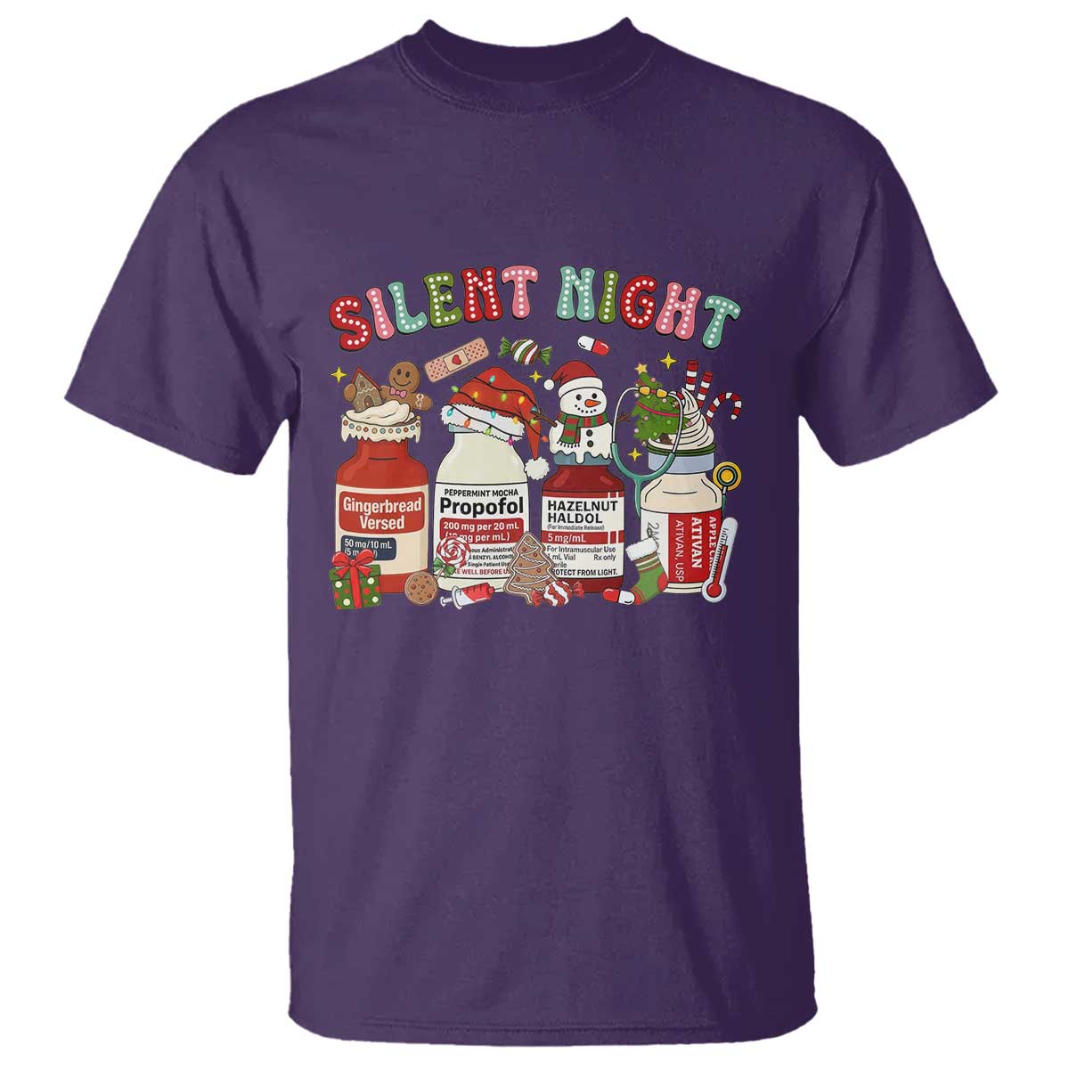 Funny Silent Night Nurse Christmas T Shirt Festive Meds and Holiday Medical Humor TS02 Purple Print Your Wear