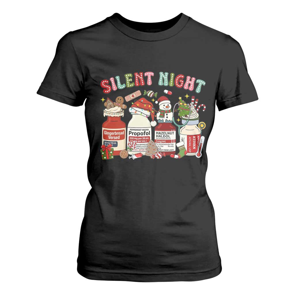 Funny Silent Night Nurse Christmas T Shirt For Women Festive Meds and Holiday Medical Humor TS02 Black Print Your Wear
