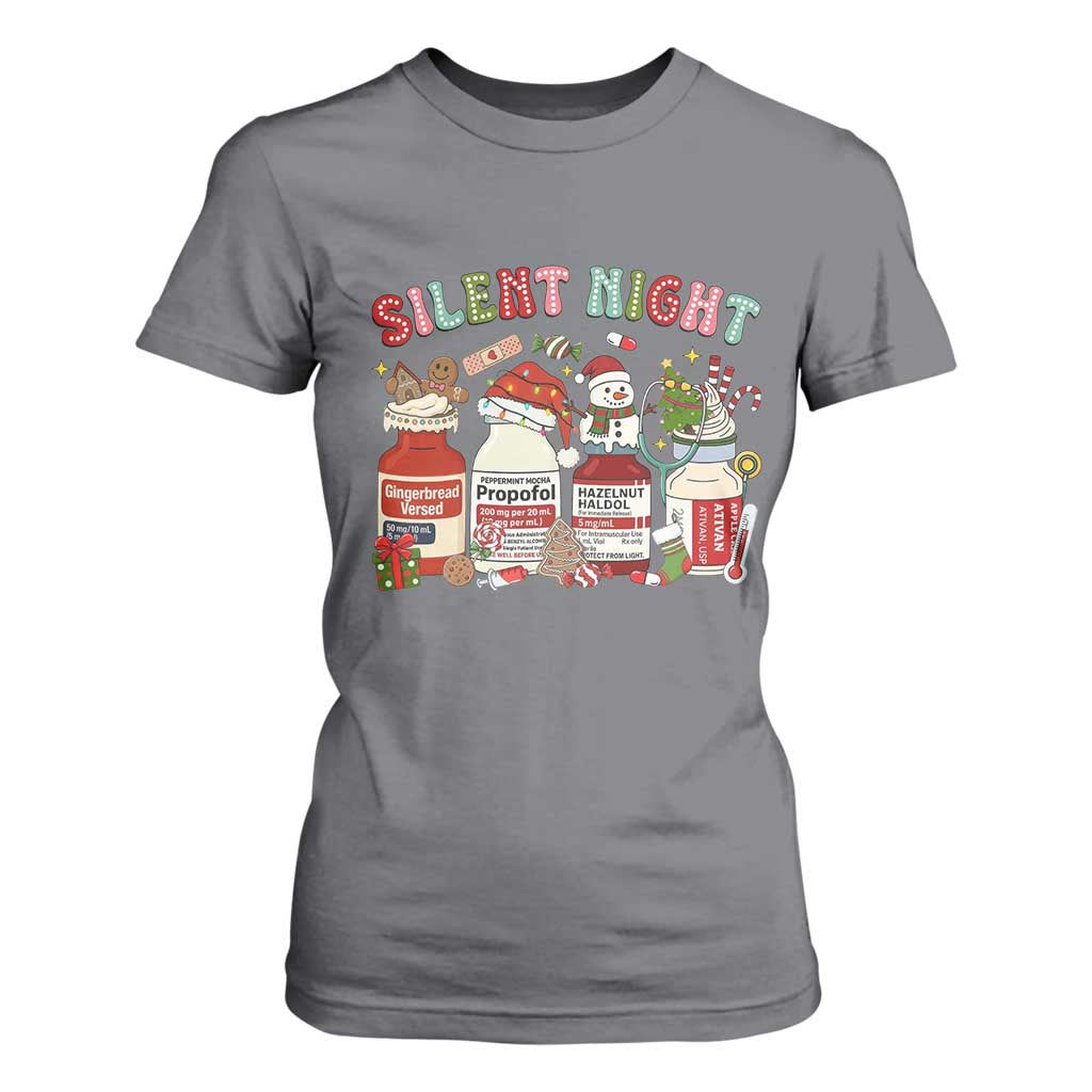 Funny Silent Night Nurse Christmas T Shirt For Women Festive Meds and Holiday Medical Humor TS02 Charcoal Print Your Wear