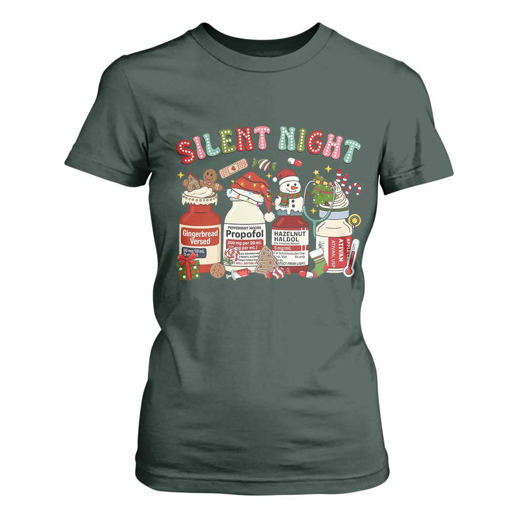 Funny Silent Night Nurse Christmas T Shirt For Women Festive Meds and Holiday Medical Humor TS02 Dark Forest Green Print Your Wear