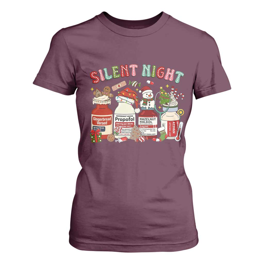 Funny Silent Night Nurse Christmas T Shirt For Women Festive Meds and Holiday Medical Humor TS02 Maroon Print Your Wear
