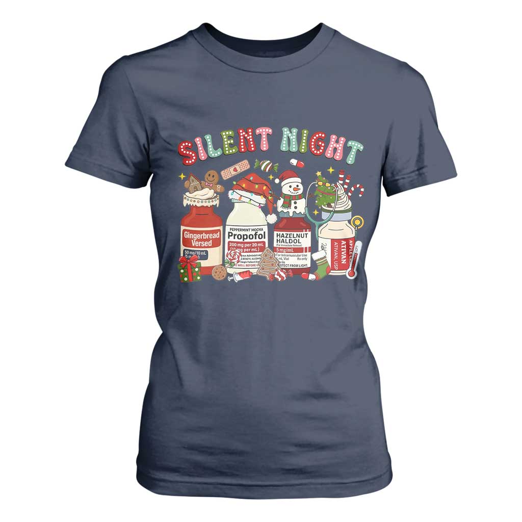 Funny Silent Night Nurse Christmas T Shirt For Women Festive Meds and Holiday Medical Humor TS02 Navy Print Your Wear