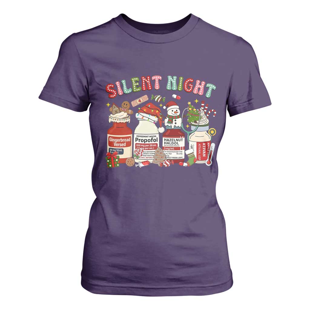 Funny Silent Night Nurse Christmas T Shirt For Women Festive Meds and Holiday Medical Humor TS02 Purple Print Your Wear