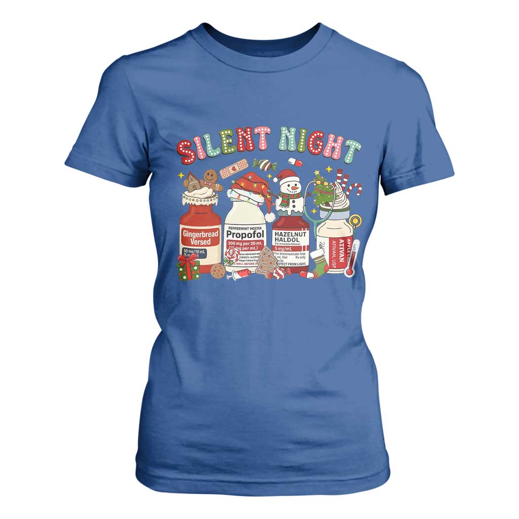 Funny Silent Night Nurse Christmas T Shirt For Women Festive Meds and Holiday Medical Humor TS02 Royal Blue Print Your Wear
