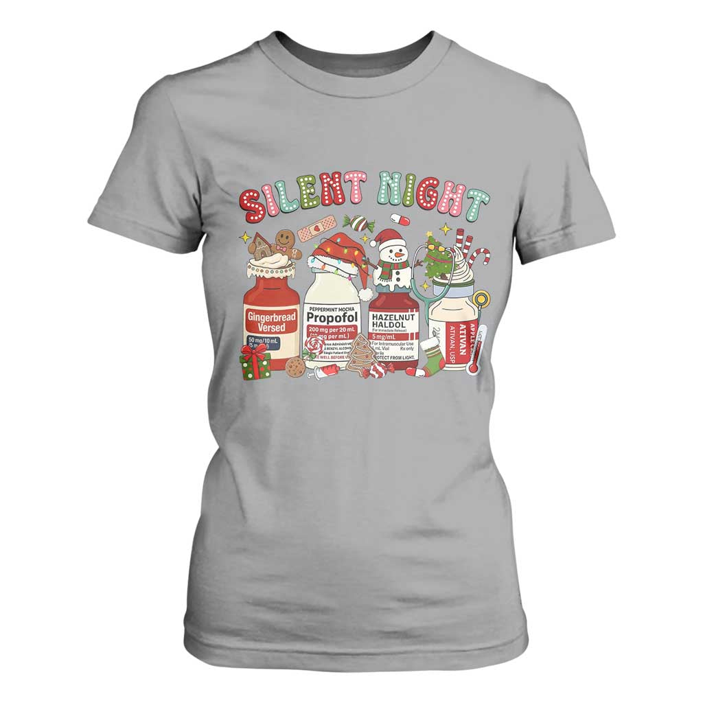 Funny Silent Night Nurse Christmas T Shirt For Women Festive Meds and Holiday Medical Humor TS02 Sport Gray Print Your Wear