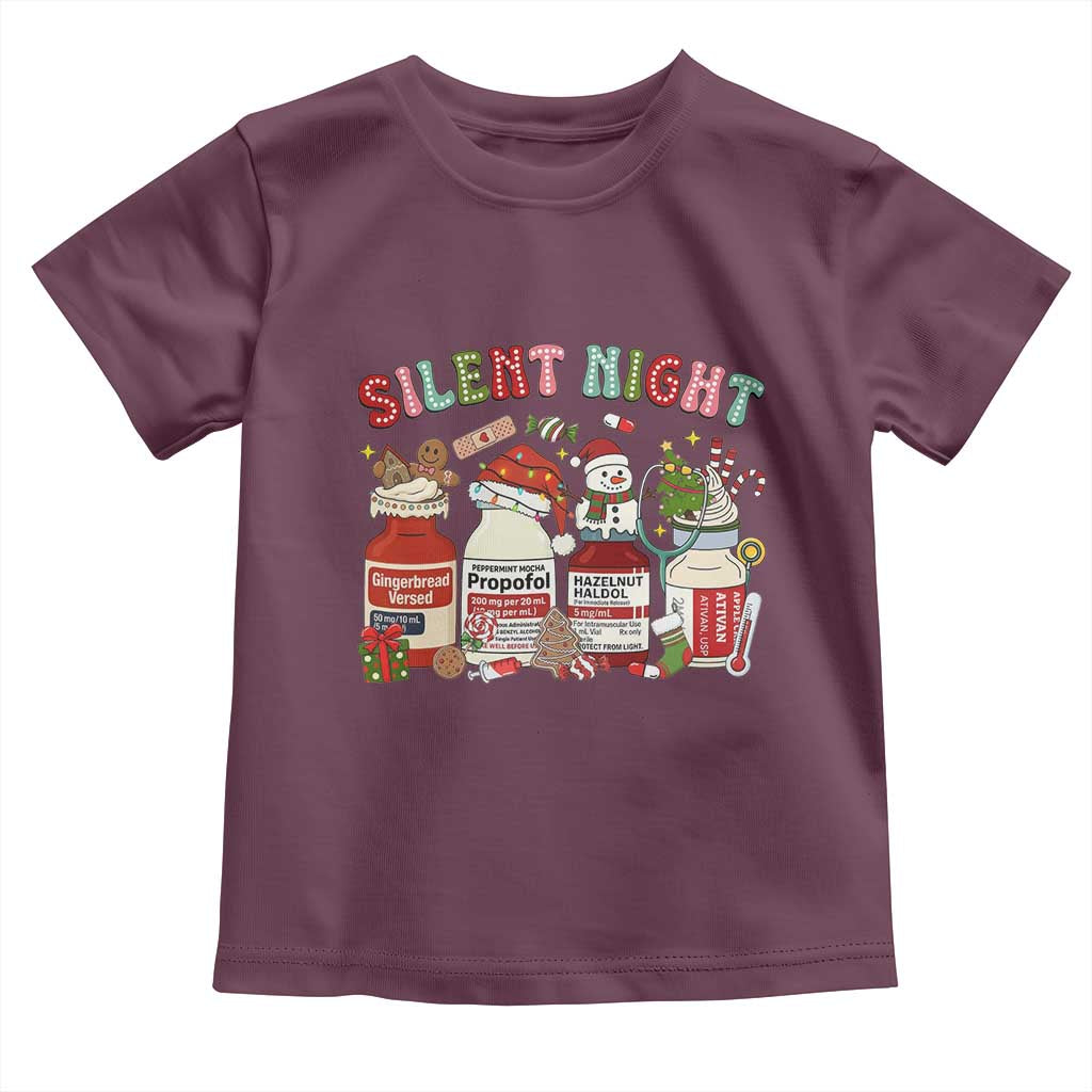 Funny Silent Night Nurse Christmas Toddler T Shirt Festive Meds and Holiday Medical Humor TS02 Maroon Print Your Wear