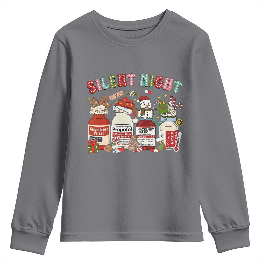 Funny Silent Night Nurse Christmas Youth Sweatshirt Festive Meds and Holiday Medical Humor TS02 Charcoal Print Your Wear