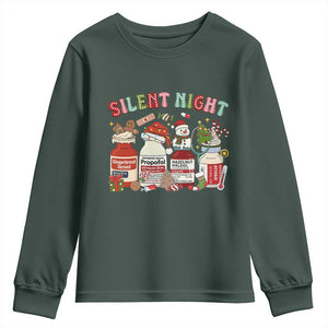 Funny Silent Night Nurse Christmas Youth Sweatshirt Festive Meds and Holiday Medical Humor TS02 Dark Forest Green Print Your Wear
