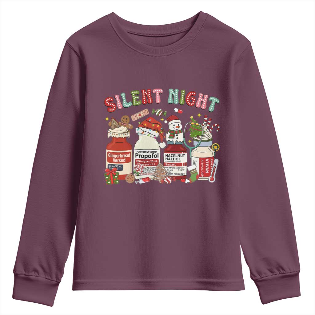 Funny Silent Night Nurse Christmas Youth Sweatshirt Festive Meds and Holiday Medical Humor TS02 Maroon Print Your Wear