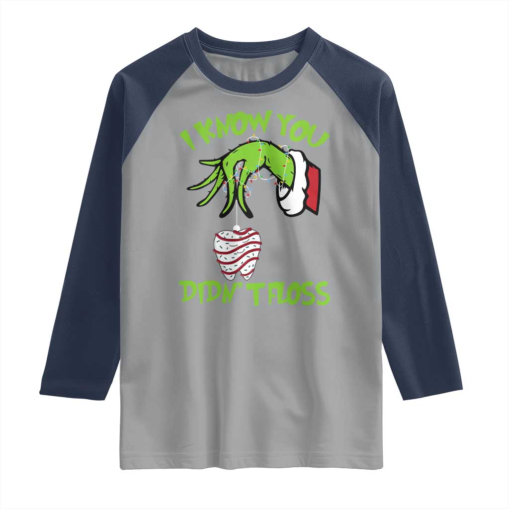 Funny Dental Christmas Raglan Shirt I Know You Didnt Floss Dentist Holiday Humor TS02 Sport Gray Navy Print Your Wear