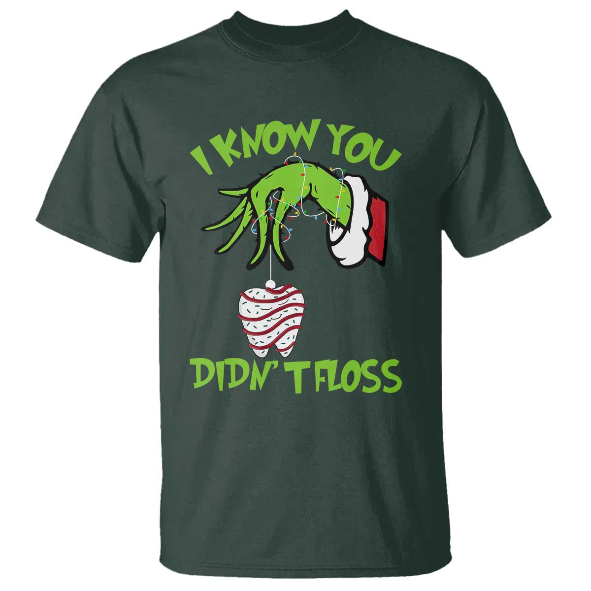 Funny Dental Christmas T Shirt I Know You Didnt Floss Dentist Holiday Humor TS02 Dark Forest Green Print Your Wear