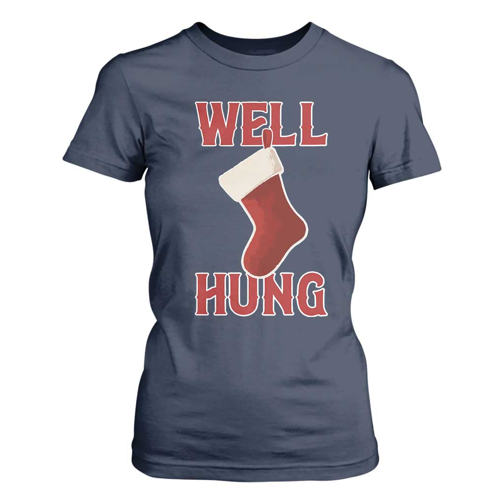 Funny Christmas Stocking T Shirt For Women Well Hung Naughty Holiday Inappropriate Humor TS02 Navy Print Your Wear