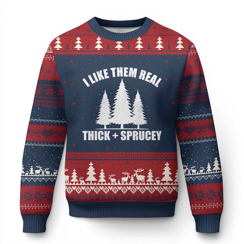 Funny Xmas Tree Ugly Christmas Sweater I Like Them Real Thick and Sprucey Holiday Trees Pun TS02 Navy Red Print Your Wear